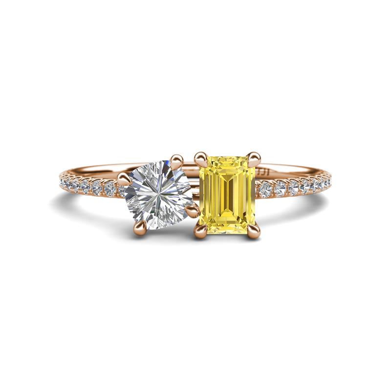 Elyse IGI Certified 6.00 mm Cushion Shape Lab Grown Diamond and 7x5 mm Emerald Shape Lab Created Yellow Sapphire 2 Stone Duo Ring 