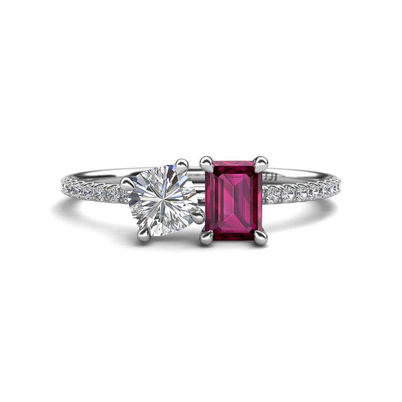 Elyse IGI Certified 6.00 mm Cushion Shape Lab Grown Diamond and 7x5 mm Emerald Shape Rhodolite Garnet 2 Stone Duo Ring 