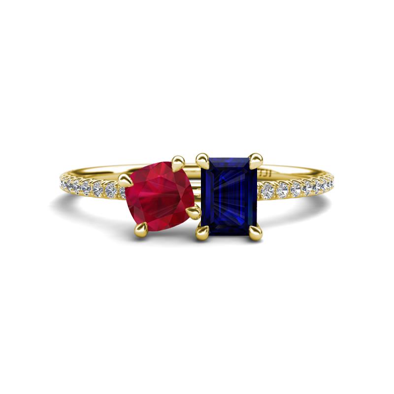 Elyse 6.00 mm Cushion Shape Lab Created Ruby and 7x5 mm Emerald Shape Lab Created Blue Sapphire 2 Stone Duo Ring 