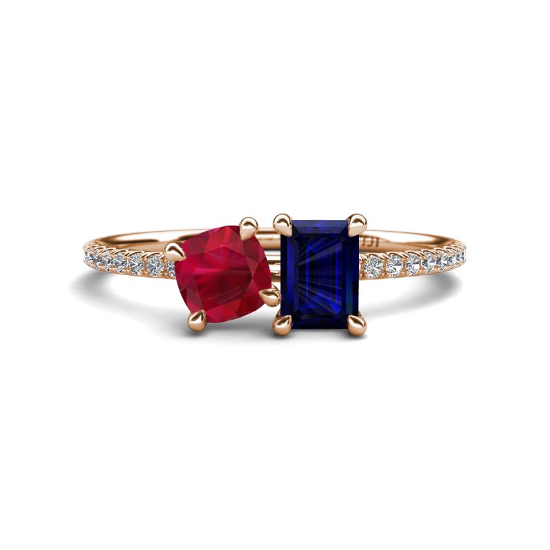 Elyse 6.00 mm Cushion Shape Lab Created Ruby and 7x5 mm Emerald Shape Lab Created Blue Sapphire 2 Stone Duo Ring 