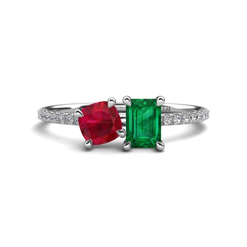 Elyse 6.00 mm Cushion Shape Lab Created Ruby and 7x5 mm Emerald Shape Lab Created Emerald 2 Stone Duo Ring 