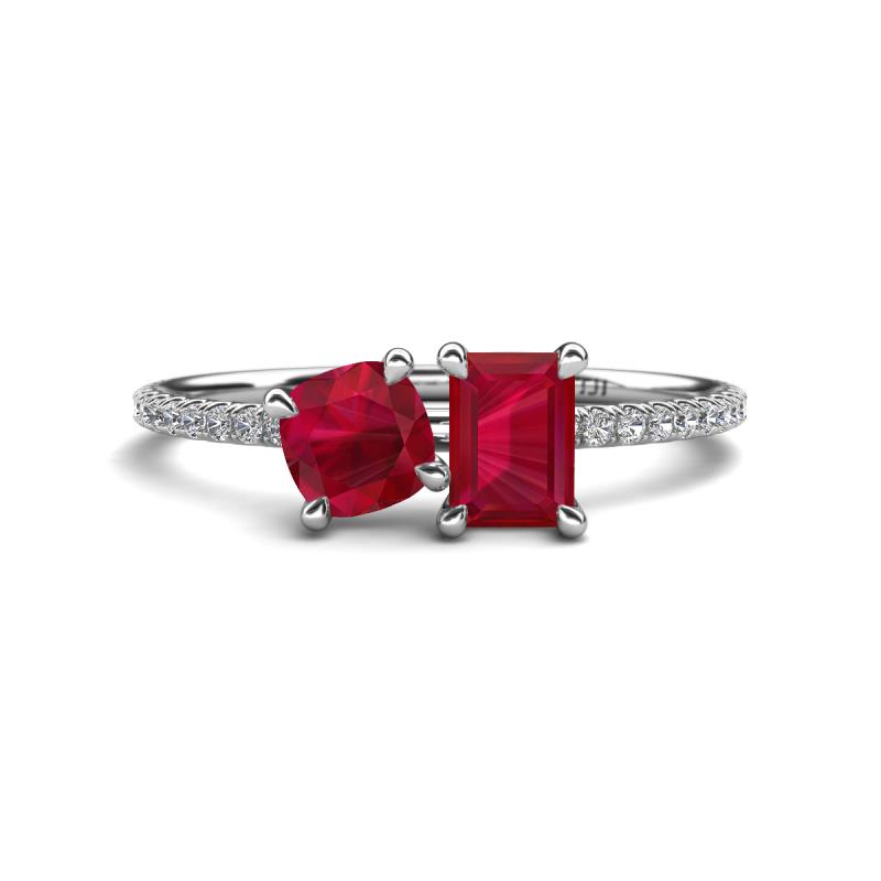 Elyse 6.00 mm Cushion Shape and 7x5 mm Emerald Shape Lab Created Ruby 2 Stone Duo Ring 
