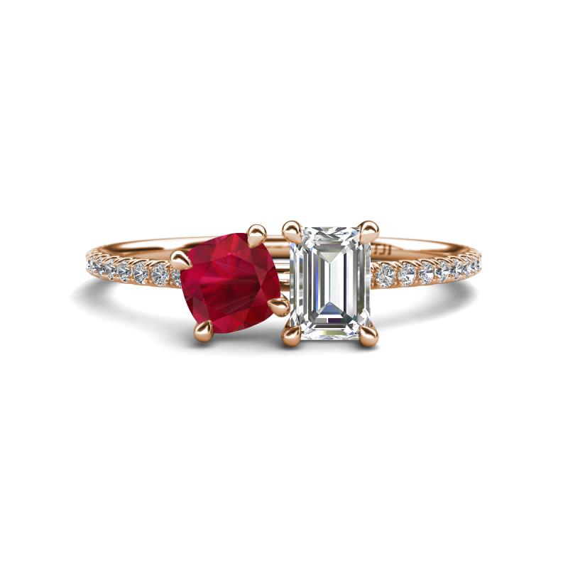 Elyse 6.00 mm Cushion Shape Lab Created Ruby and 7x5 mm Emerald Shape Forever Brilliant Moissanite 2 Stone Duo Ring 