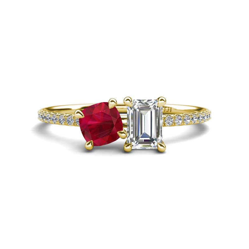 Elyse 6.00 mm Cushion Shape Lab Created Ruby and 7x5 mm Emerald Shape Forever One Moissanite 2 Stone Duo Ring 