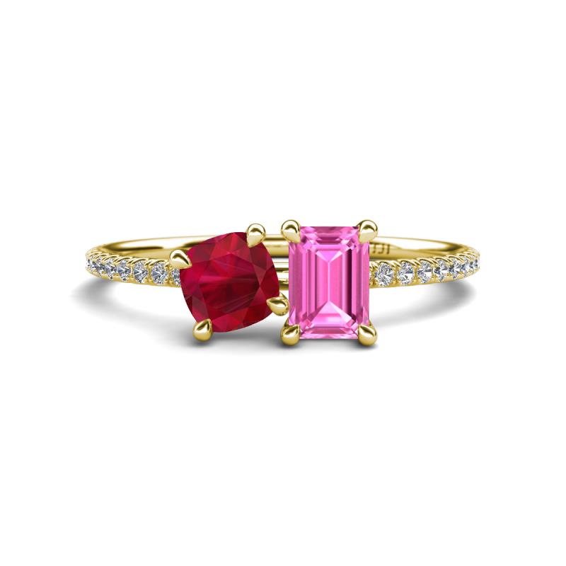 Elyse 6.00 mm Cushion Shape Lab Created Ruby and 7x5 mm Emerald Shape Lab Created Pink Sapphire 2 Stone Duo Ring 