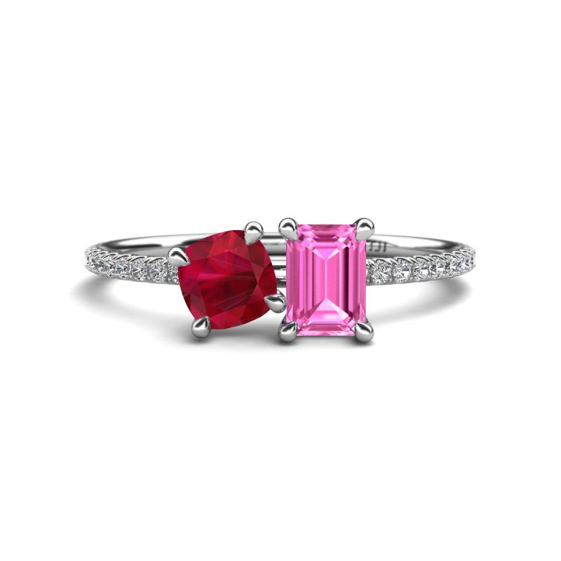 Elyse 6.00 mm Cushion Shape Lab Created Ruby and 7x5 mm Emerald Shape Lab Created Pink Sapphire 2 Stone Duo Ring 