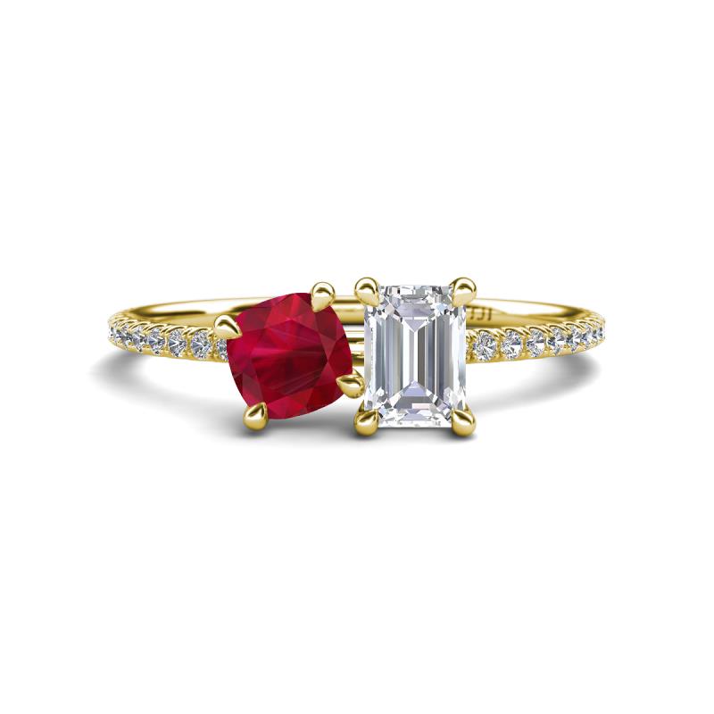 Elyse 6.00 mm Cushion Shape Lab Created Ruby and 7x5 mm Emerald Shape White Sapphire 2 Stone Duo Ring 