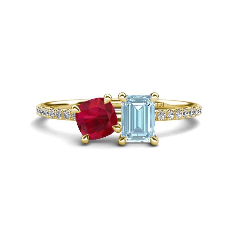 Elyse 6.00 mm Cushion Shape Lab Created Ruby and 7x5 mm Emerald Shape Aquamarine 2 Stone Duo Ring 