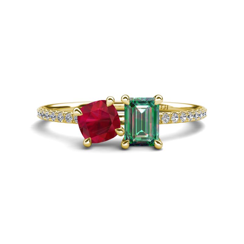 Elyse 6.00 mm Cushion Shape Lab Created Ruby and 7x5 mm Emerald Shape Lab Created Alexandrite 2 Stone Duo Ring 