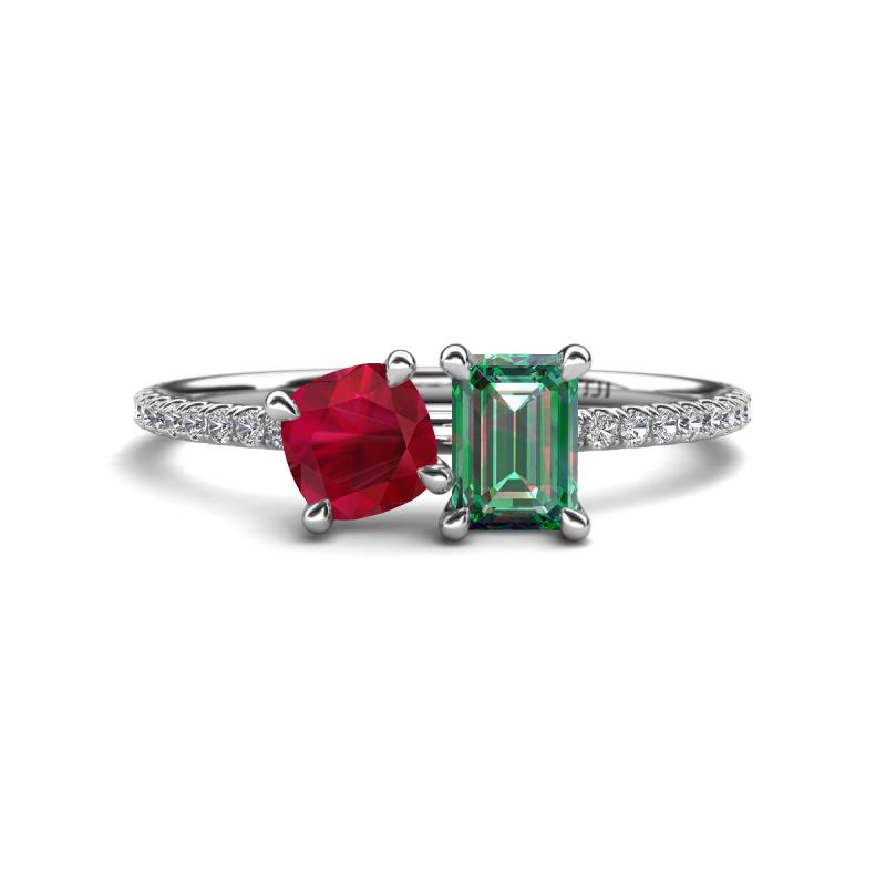 Elyse 6.00 mm Cushion Shape Lab Created Ruby and 7x5 mm Emerald Shape Lab Created Alexandrite 2 Stone Duo Ring 