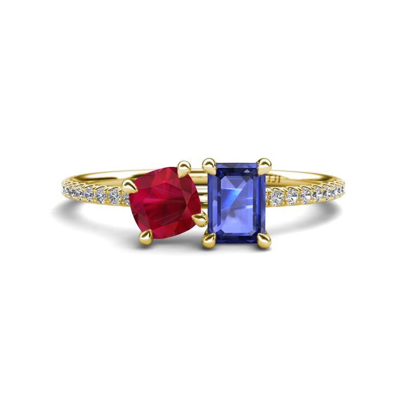 Elyse 6.00 mm Cushion Shape Lab Created Ruby and 7x5 mm Emerald Shape Iolite 2 Stone Duo Ring 