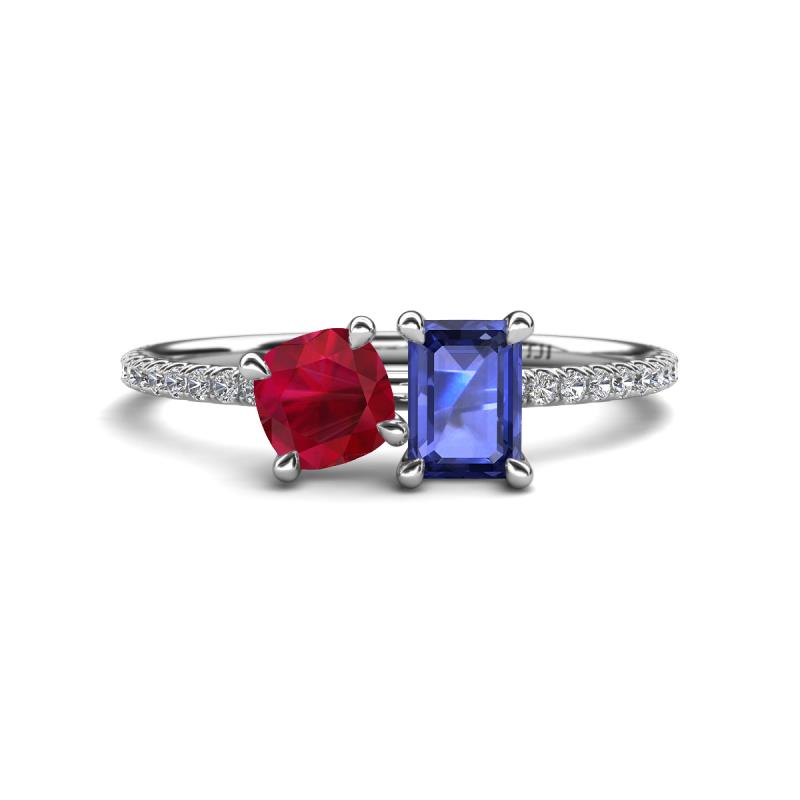 Elyse 6.00 mm Cushion Shape Lab Created Ruby and 7x5 mm Emerald Shape Iolite 2 Stone Duo Ring 