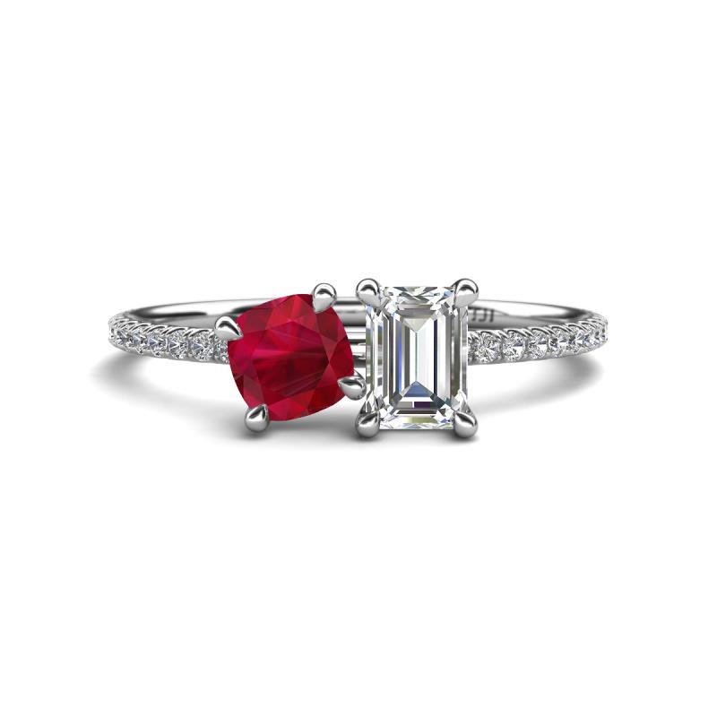 Elyse 6.00 mm Cushion Shape Lab Created Ruby and 7x5 mm Emerald Shape Lab Moissanite 2 Stone Duo Ring 