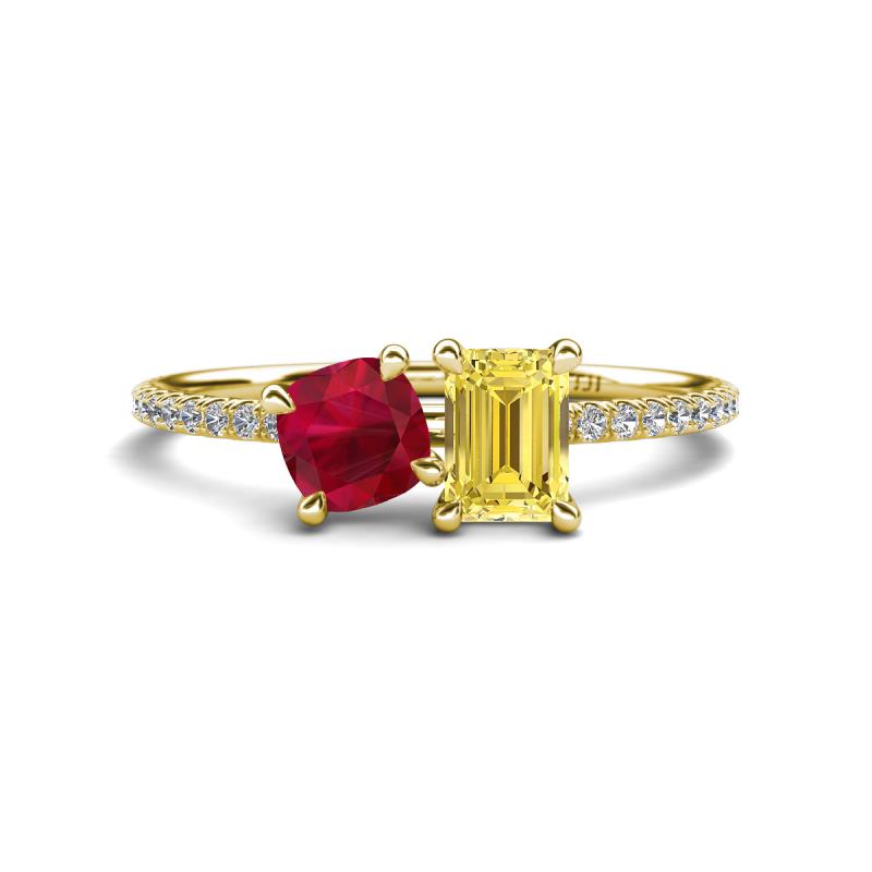 Elyse 6.00 mm Cushion Shape Lab Created Ruby and 7x5 mm Emerald Shape Lab Created Yellow Sapphire 2 Stone Duo Ring 