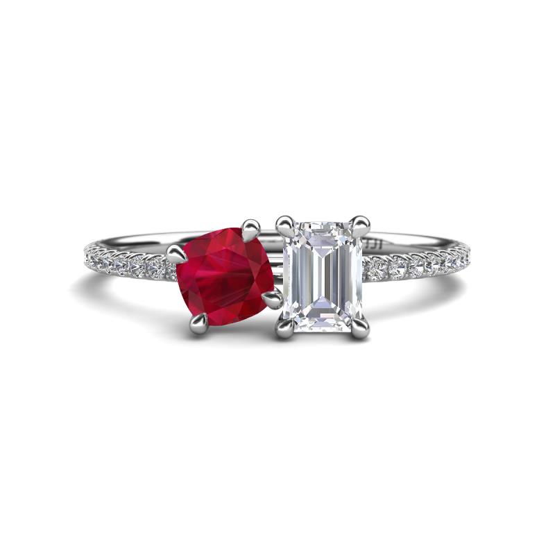 Elyse 6.00 mm Cushion Shape Lab Created Ruby and 7x5 mm Emerald Shape Lab White Sapphire 2 Stone Duo Ring 
