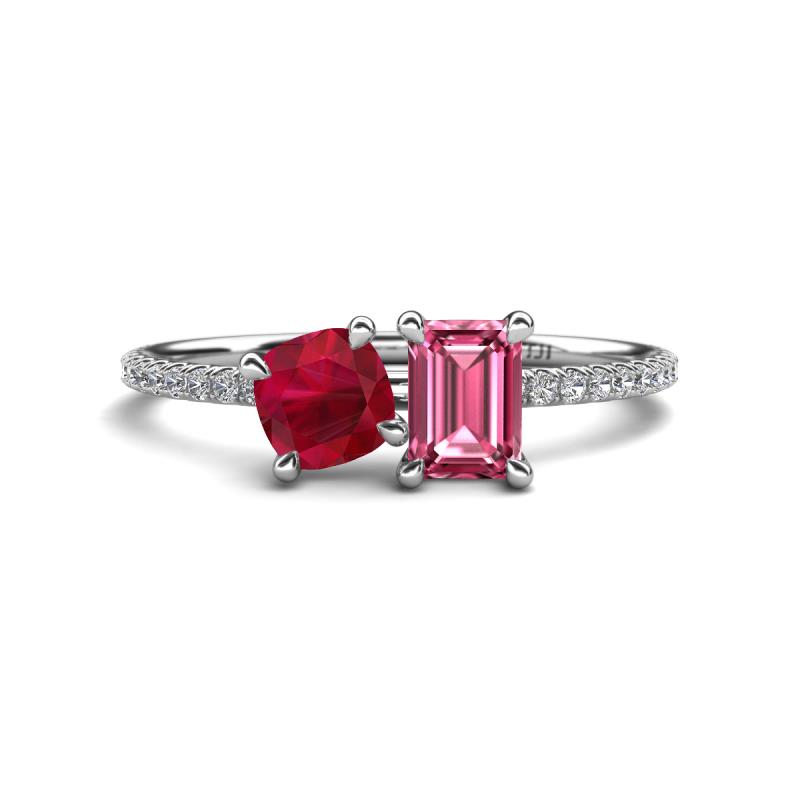 Elyse 6.00 mm Cushion Shape Lab Created Ruby and 7x5 mm Emerald Shape Lab Pink Tourmaline 2 Stone Duo Ring 