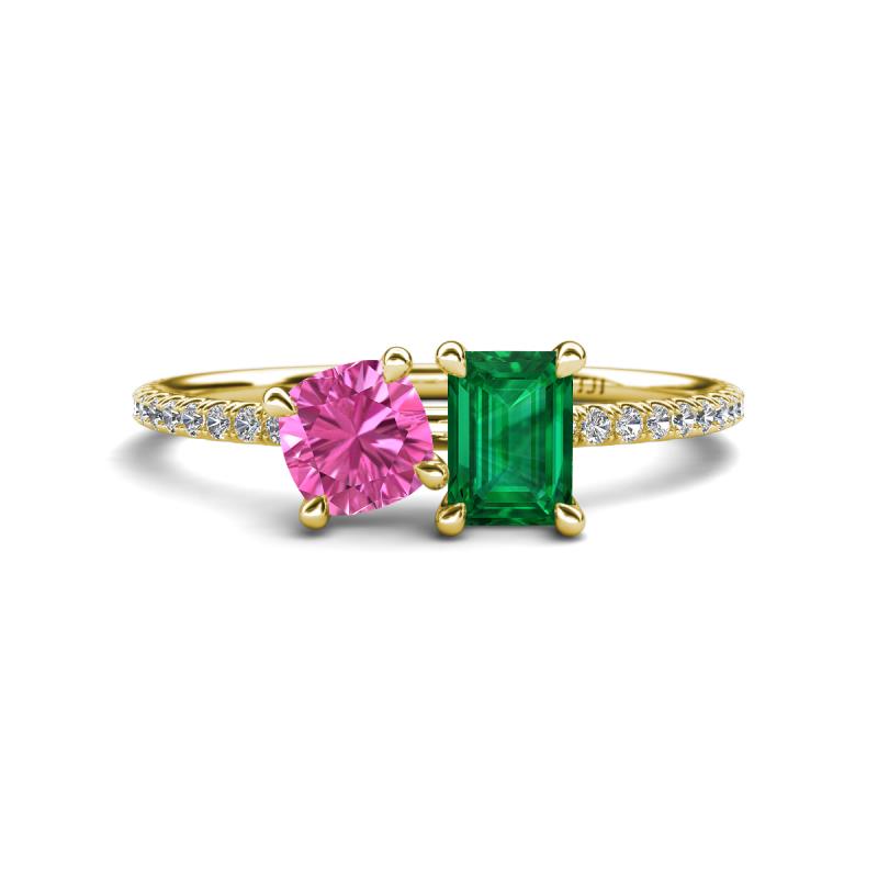 Elyse 6.00 mm Cushion Shape Lab Created Pink Sapphire and 7x5 mm Emerald Shape Lab Created Emerald 2 Stone Duo Ring 
