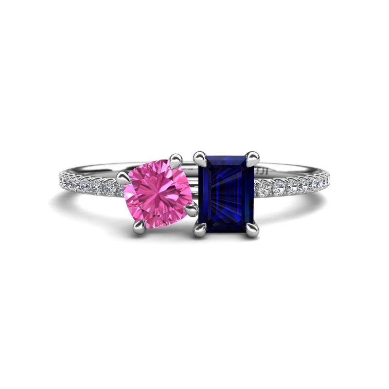 Elyse 6.00 mm Cushion Shape Lab Created Pink Sapphire and 7x5 mm Emerald Shape Lab Created Blue Sapphire 2 Stone Duo Ring 