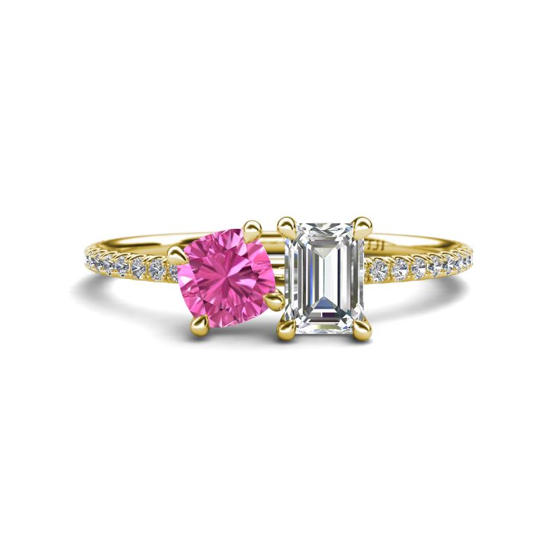 Elyse 6.00 mm Cushion Shape Lab Created Pink Sapphire and 7x5 mm Emerald Shape Forever Brilliant Moissanite 2 Stone Duo Ring 