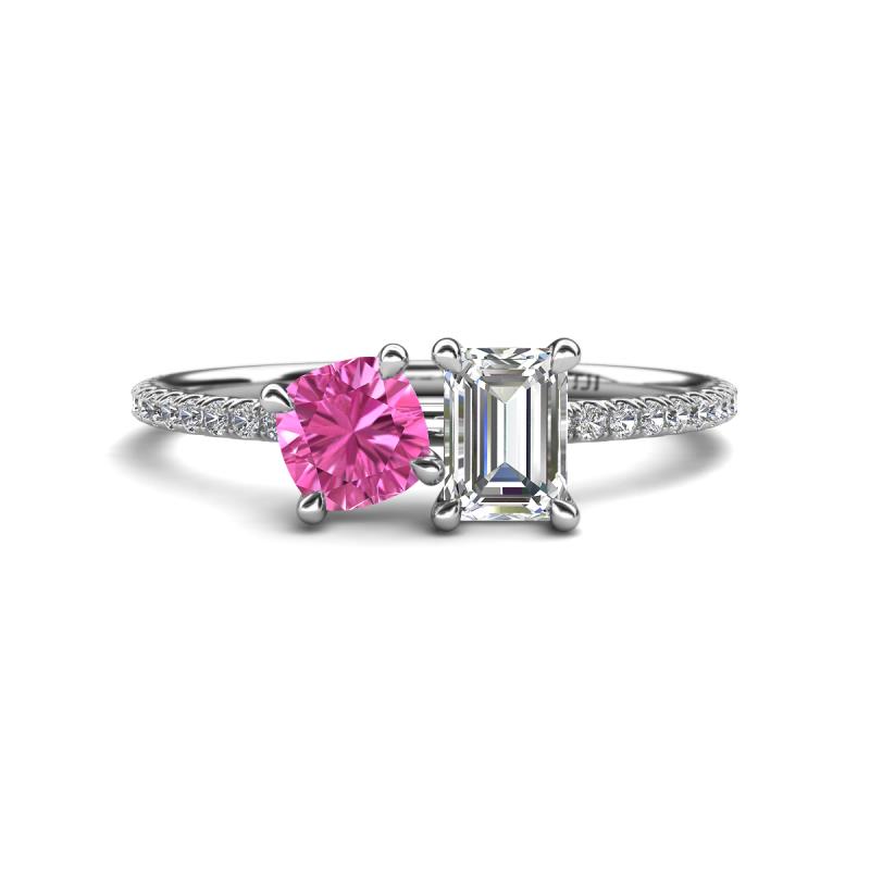 Elyse 6.00 mm Cushion Shape Lab Created Pink Sapphire and 7x5 mm Emerald Shape Forever One Moissanite 2 Stone Duo Ring 