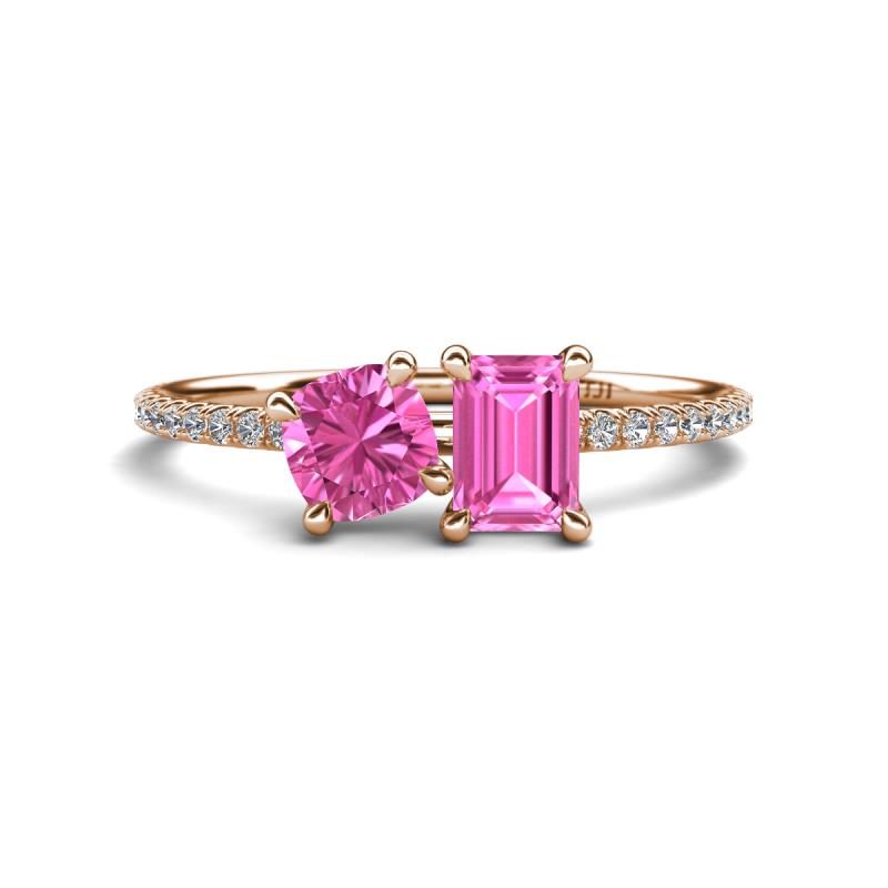 Elyse 6.00 mm Cushion Shape and 7x5 mm Emerald Shape Lab Created Pink Sapphire 2 Stone Duo Ring 