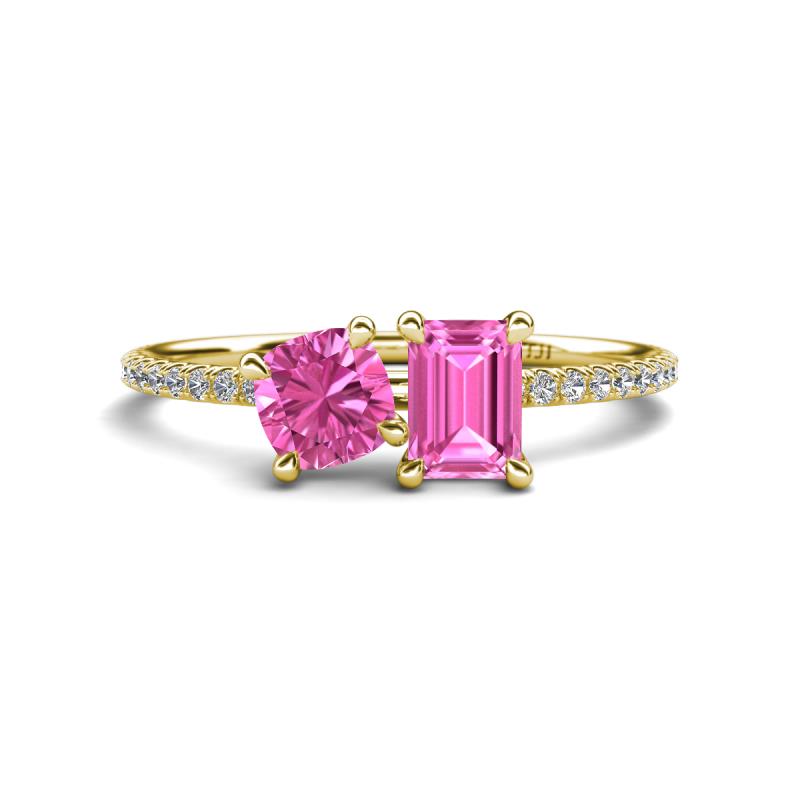 Elyse 6.00 mm Cushion Shape and 7x5 mm Emerald Shape Lab Created Pink Sapphire 2 Stone Duo Ring 