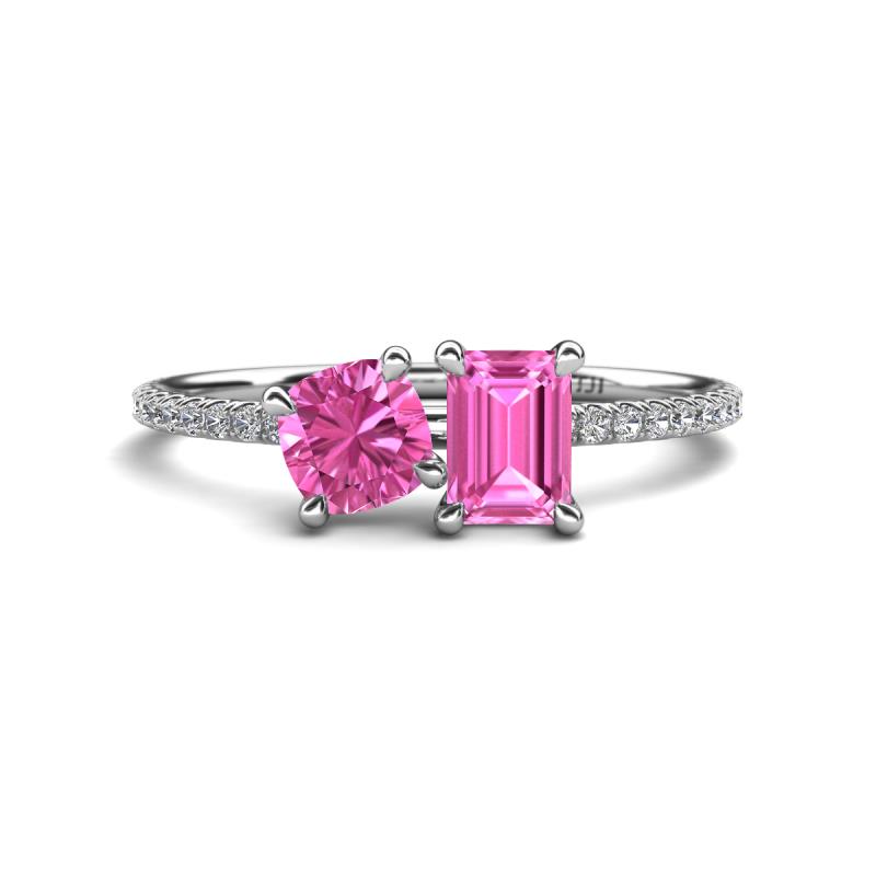 Elyse 6.00 mm Cushion Shape and 7x5 mm Emerald Shape Lab Created Pink Sapphire 2 Stone Duo Ring 
