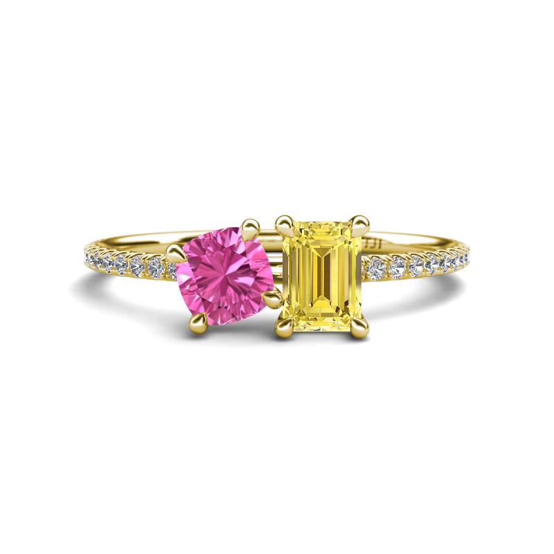 Elyse 6.00 mm Cushion Shape Lab Created Pink Sapphire and 7x5 mm Emerald Shape Lab Created Yellow Sapphire 2 Stone Duo Ring 