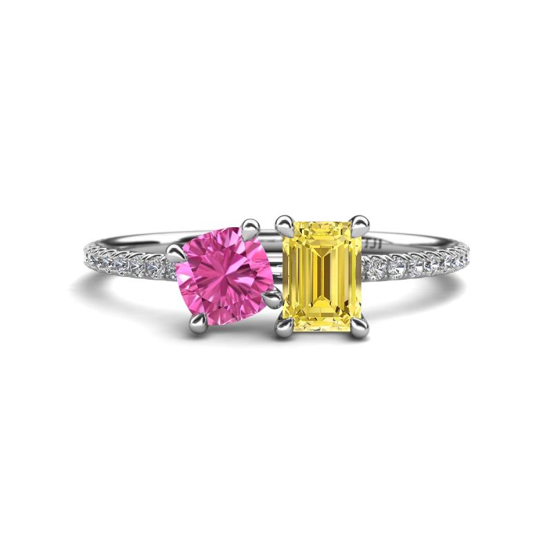 Elyse 6.00 mm Cushion Shape Lab Created Pink Sapphire and 7x5 mm Emerald Shape Lab Created Yellow Sapphire 2 Stone Duo Ring 