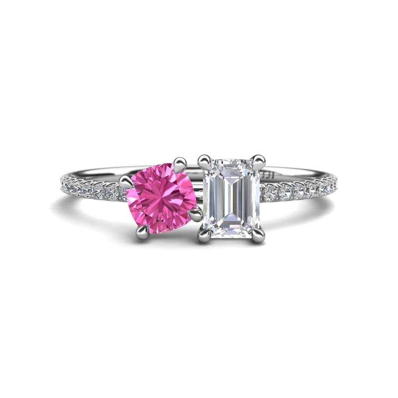 Elyse 6.00 mm Cushion Shape Lab Created Pink Sapphire and 7x5 mm Emerald Shape White Sapphire 2 Stone Duo Ring 