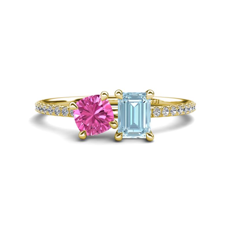 Elyse 6.00 mm Cushion Shape Lab Created Pink Sapphire and 7x5 mm Emerald Shape Aquamarine 2 Stone Duo Ring 