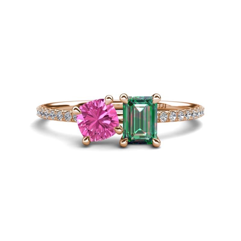 Elyse 6.00 mm Cushion Shape Lab Created Pink Sapphire and 7x5 mm Emerald Shape Lab Created Alexandrite 2 Stone Duo Ring 