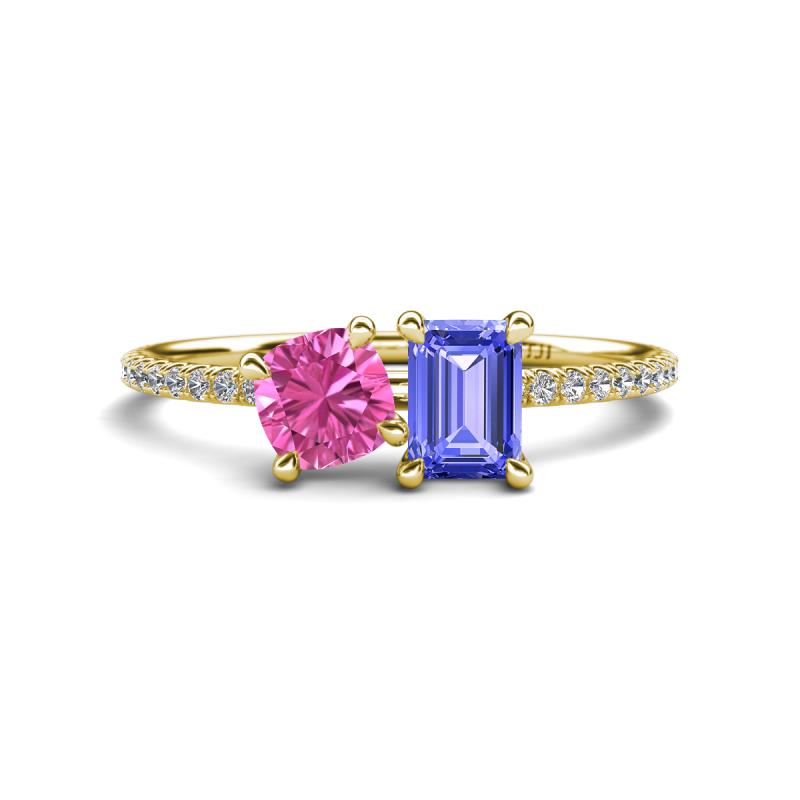 Elyse 6.00 mm Cushion Shape Lab Created Pink Sapphire and 7x5 mm Emerald Shape Tanzanite 2 Stone Duo Ring 