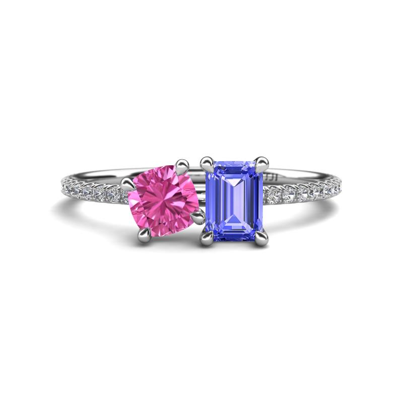 Elyse 6.00 mm Cushion Shape Lab Created Pink Sapphire and 7x5 mm Emerald Shape Tanzanite 2 Stone Duo Ring 