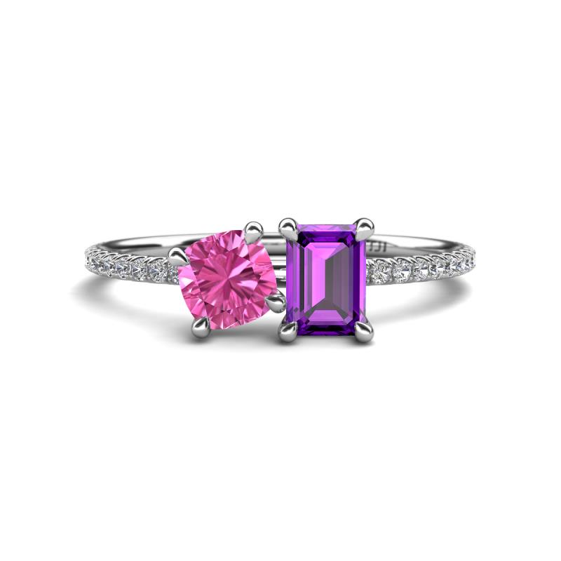 Elyse 6.00 mm Cushion Shape Lab Created Pink Sapphire and 7x5 mm Emerald Shape Amethyst 2 Stone Duo Ring 
