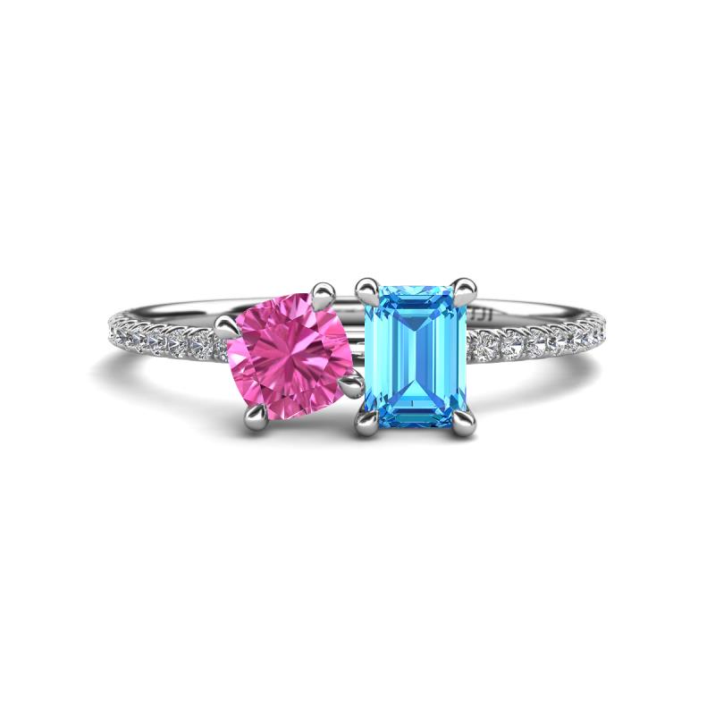 Elyse 6.00 mm Cushion Shape Lab Created Pink Sapphire and 7x5 mm Emerald Shape Blue Topaz 2 Stone Duo Ring 