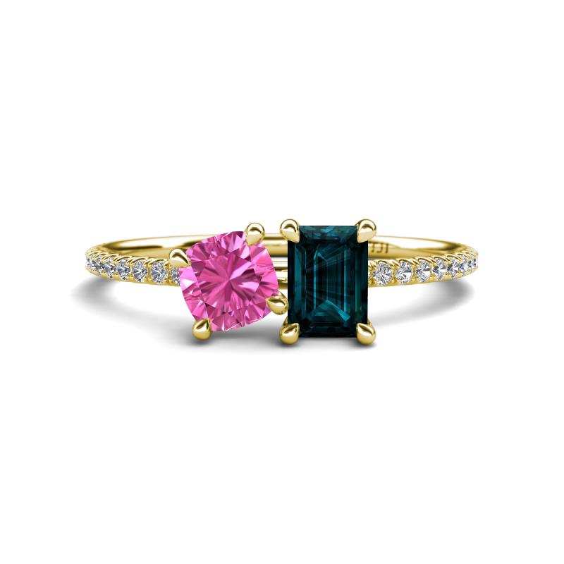 Elyse 6.00 mm Cushion Shape Lab Created Pink Sapphire and 7x5 mm Emerald Shape London Blue Topaz 2 Stone Duo Ring 