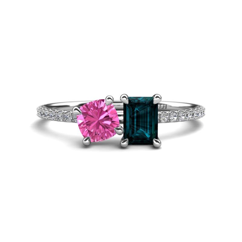 Elyse 6.00 mm Cushion Shape Lab Created Pink Sapphire and 7x5 mm Emerald Shape London Blue Topaz 2 Stone Duo Ring 