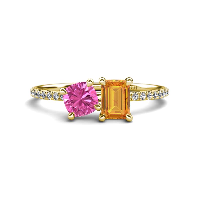 Elyse 6.00 mm Cushion Shape Lab Created Pink Sapphire and 7x5 mm Emerald Shape Citrine 2 Stone Duo Ring 