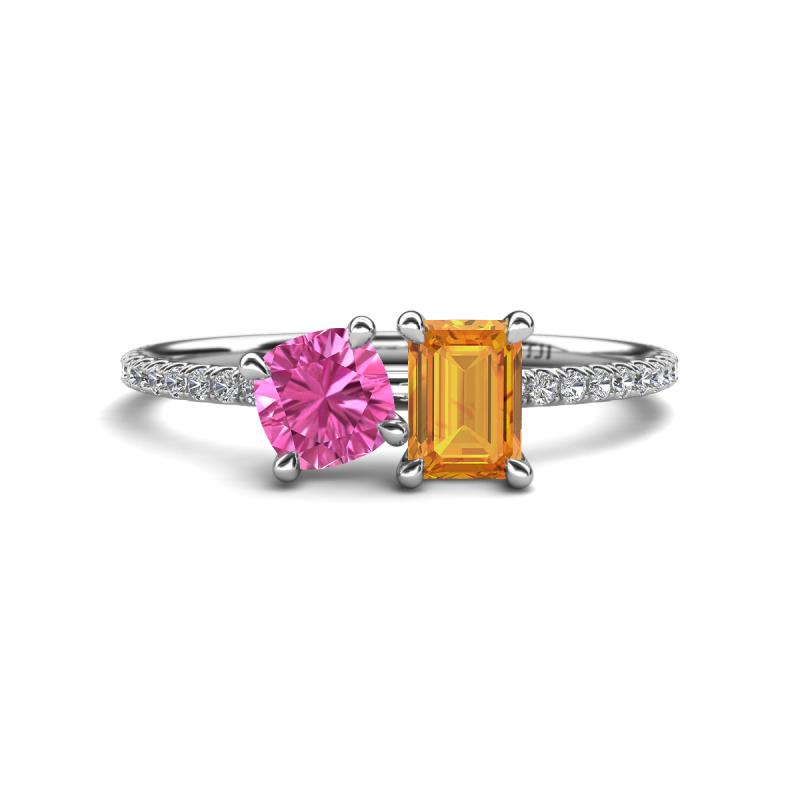Elyse 6.00 mm Cushion Shape Lab Created Pink Sapphire and 7x5 mm Emerald Shape Citrine 2 Stone Duo Ring 