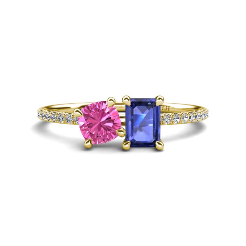 Elyse 6.00 mm Cushion Shape Lab Created Pink Sapphire and 7x5 mm Emerald Shape Iolite 2 Stone Duo Ring 
