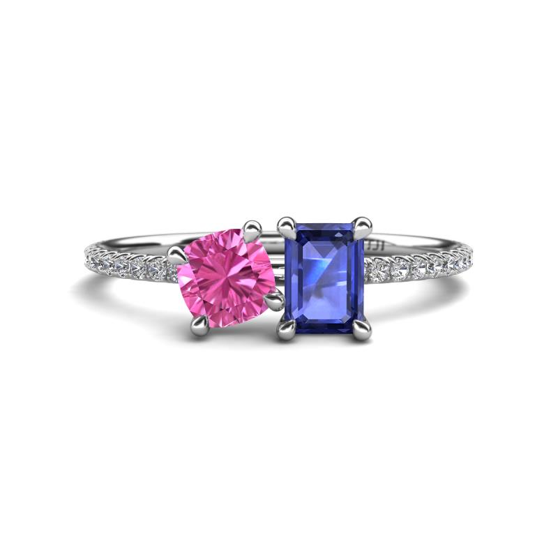 Elyse 6.00 mm Cushion Shape Lab Created Pink Sapphire and 7x5 mm Emerald Shape Iolite 2 Stone Duo Ring 