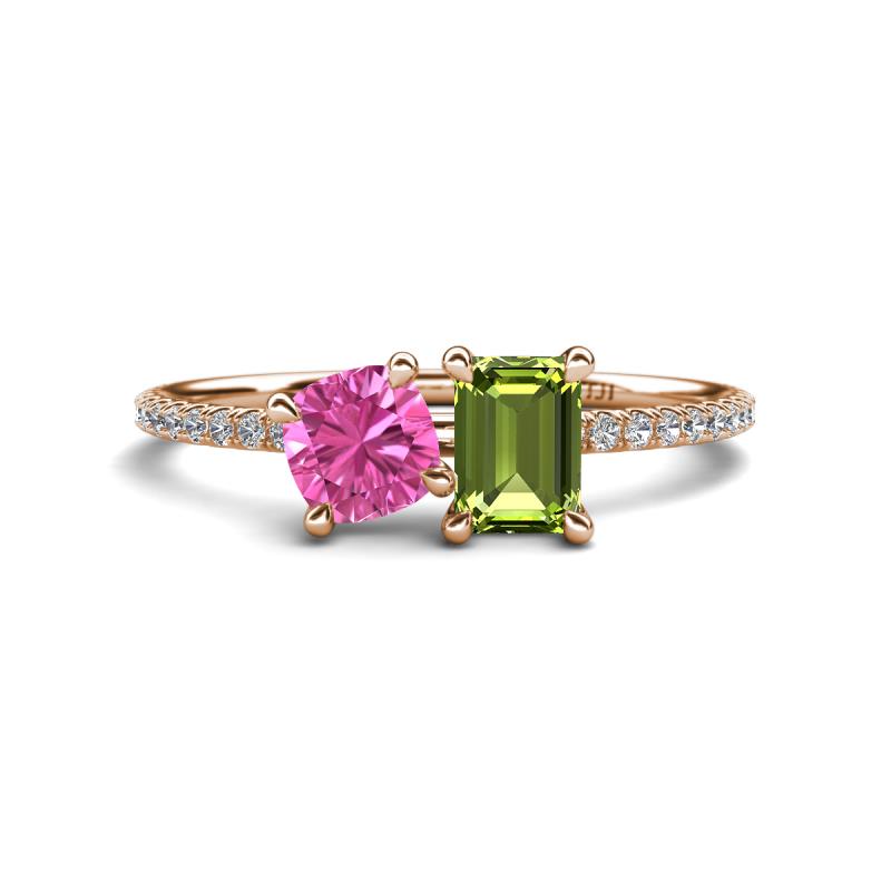 Elyse 6.00 mm Cushion Shape Lab Created Pink Sapphire and 7x5 mm Emerald Shape Peridot 2 Stone Duo Ring 