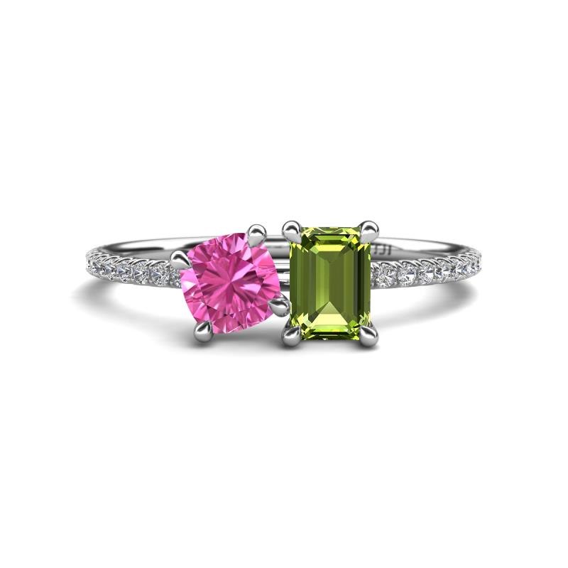 Elyse 6.00 mm Cushion Shape Lab Created Pink Sapphire and 7x5 mm Emerald Shape Peridot 2 Stone Duo Ring 