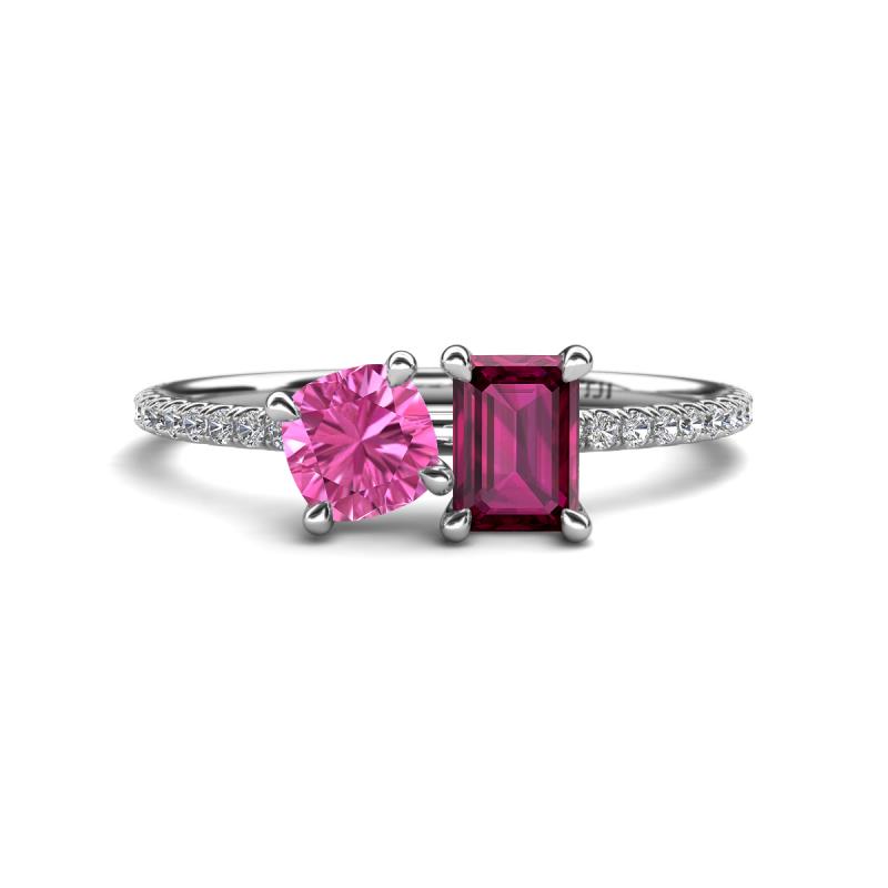 Elyse 6.00 mm Cushion Shape Lab Created Pink Sapphire and 7x5 mm Emerald Shape Rhodolite Garnet 2 Stone Duo Ring 