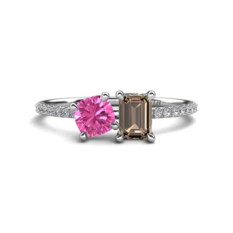 Elyse 6.00 mm Cushion Shape Lab Created Pink Sapphire and 7x5 mm Emerald Shape Smoky Quartz 2 Stone Duo Ring 
