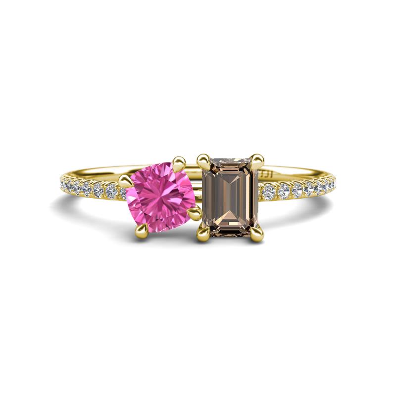 Elyse 6.00 mm Cushion Shape Lab Created Pink Sapphire and 7x5 mm Emerald Shape Smoky Quartz 2 Stone Duo Ring 