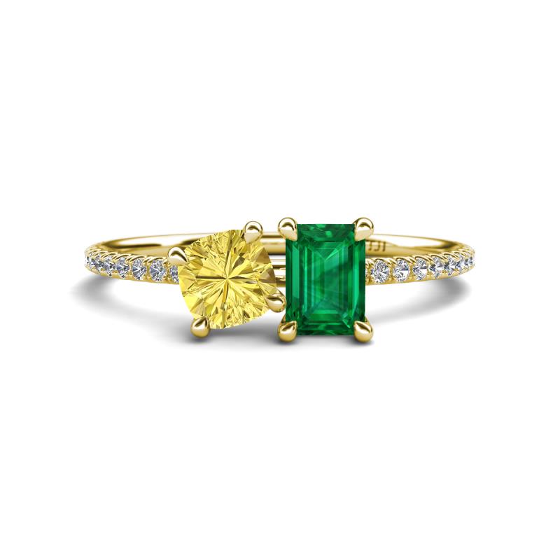 Elyse 6.00 mm Cushion Shape Lab Created Yellow Sapphire and 7x5 mm Emerald Shape Lab Created Emerald 2 Stone Duo Ring 