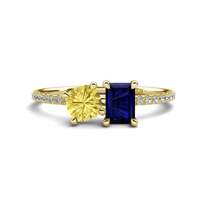 Elyse 6.00 mm Cushion Shape Lab Created Yellow Sapphire and 7x5 mm Emerald Shape Lab Created Blue Sapphire 2 Stone Duo Ring 