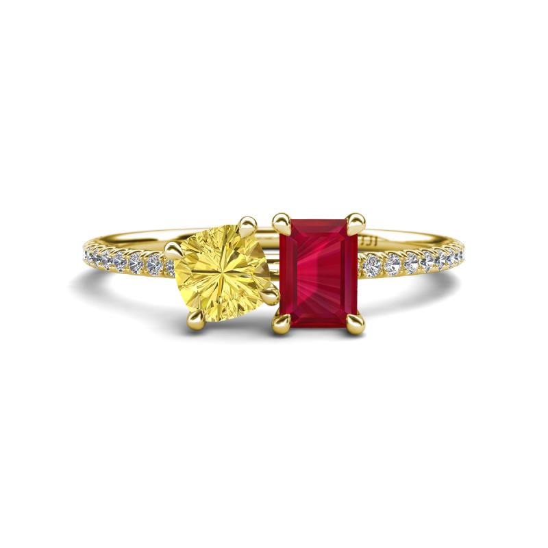 Elyse 6.00 mm Cushion Shape Lab Created Yellow Sapphire and 7x5 mm Emerald Shape Lab Created Ruby 2 Stone Duo Ring 